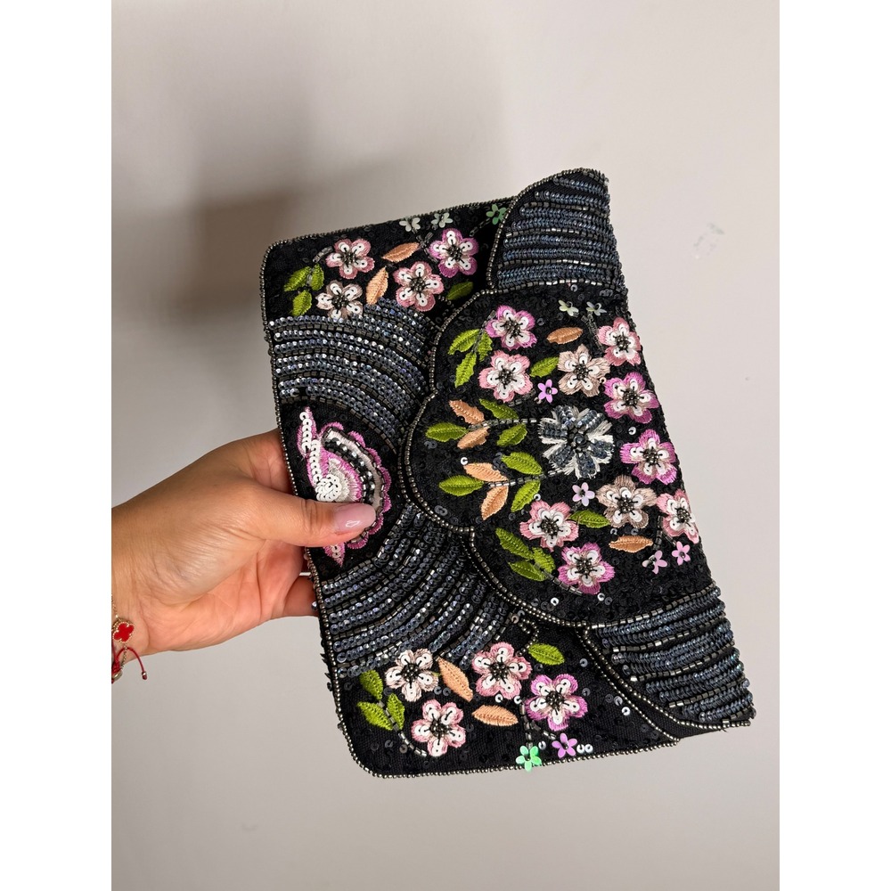 Clements Ribeiro Floral Embroidered Sequin Beaded Clutch Evening Bag Black